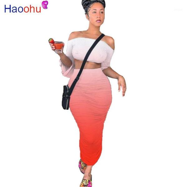 

women gradient print two piece set off shoulder crop stacked midi maxi skirt suit beach tracksuit outfit dress, White