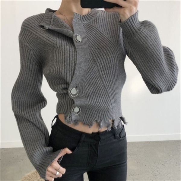 

women side ireegular chic button sweaters o-neck long sleeve ripped knitted cardigans autumn solid color casual coat pl372 210506, White