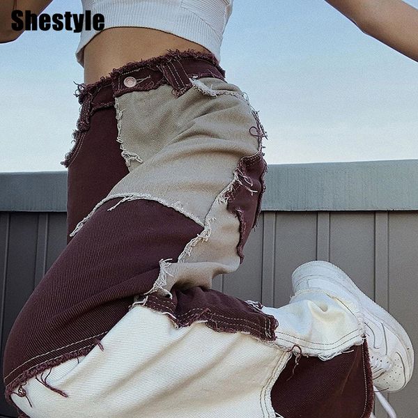 

shestyle 2021 autumn jeans patchwork tassel pockets women fashion zipper high waist straight pants streetwear trousers ladyby, Black;white