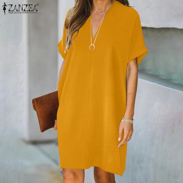 

casual dresses oversized women fashion dress 2021 zanzea summer short sleeve knee length vestidos solid lady sundress v-neck work robe 7, Black;gray