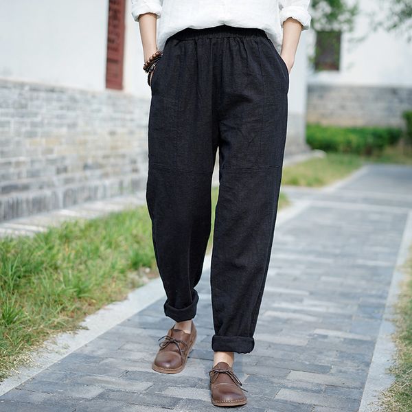 

johnature autumn winter loose leisure all-match women harem pants simple comfortable cotton linen full length pants 210521, Black;white