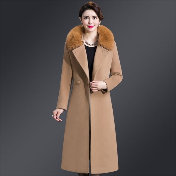 

winter wool coat women 5xl long fur collar double-faced cashmere coat blends sashes slim pockets outerwear, Black