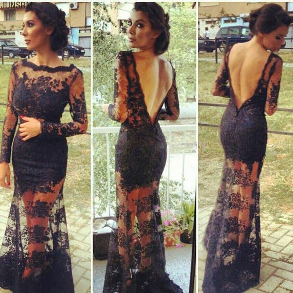 

party dresses black illusion v back evening gowns with lace long sleeves see through mermaid floor length formal prom dress, White;black