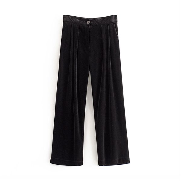 Calças de pernas largas de veludo preto elegante Mulheres Cintura alta Zíper Fly Bolsos De Mosca Desgaste Calças Completas Pantalones 210430