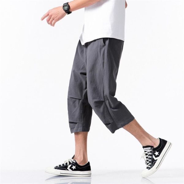 

men's pants casual 2021 summer fashion chinese style loose cotton linen cropped plus size m-8xl, Black