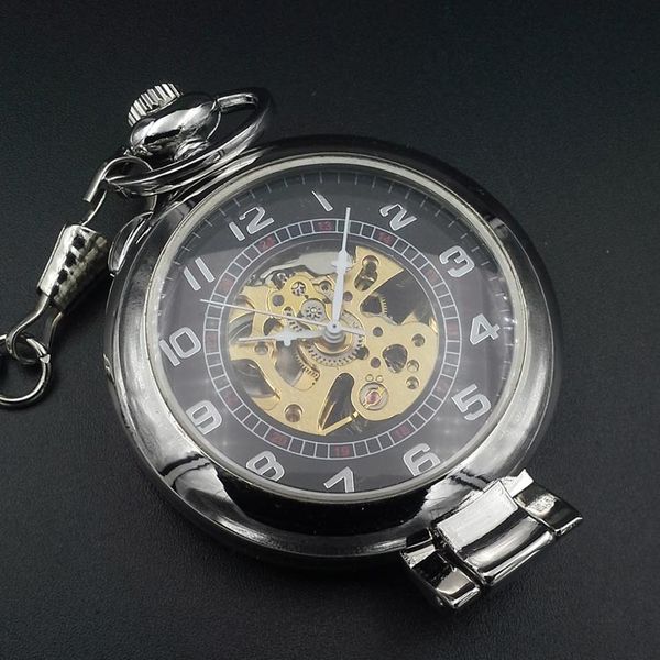 

caifu mechanical pocket watch flip transparent arabic large desktop, Slivery;brown