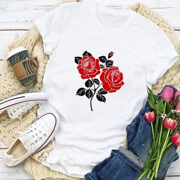 

summer harajuku o neck short womens sleeved beautiful rose flowers lady mujer, White