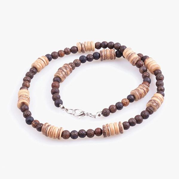 

chokers 6mm brown stone bead & wood men necklace, Golden;silver