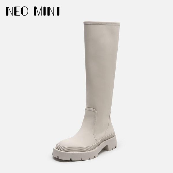 

boots 2021 autumn women knee high khaki green laminated flat platform round toe chunky heel long, Black