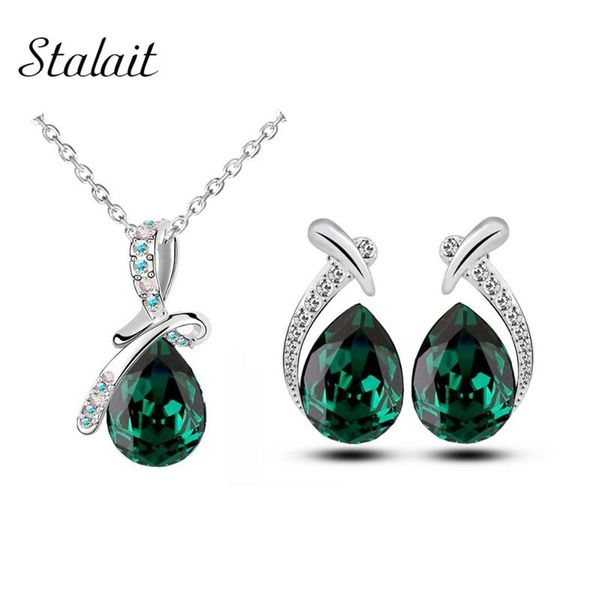 

earrings & necklace arrival green brand bridal wedding silver color tear drop pendant jewelry sets 10743