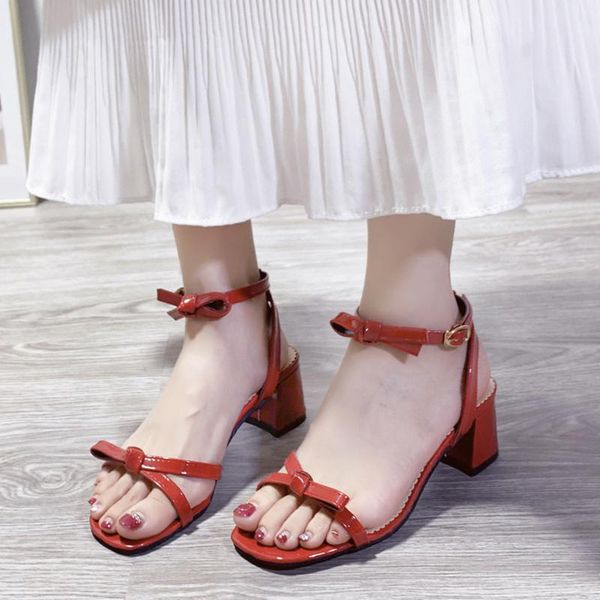 

dress shoes rimocy elegant bow square heel sandals women red ankle strap leather gladiator sandalias woman summer fashion wedding, Black
