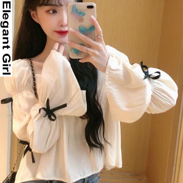 

women's blouses & shirts korean blouse 2021 clothing white chiffon women elegant sweet casual loose designer bow long sleeve
