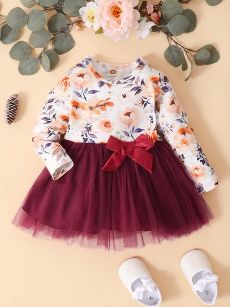 

girl's dresses baby dress long sleeve fall floral bow mesh lace princess party toddler girl outfits clothes drop, Red;yellow