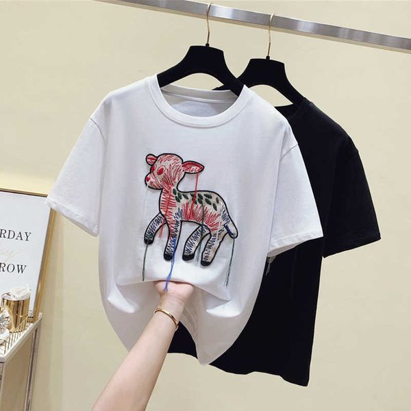 Algodão Verão Tees Tops Animal Bordado Mulher Plus Size Short Manga Oversized Camiseta Grande Meninas Roupas Tshirts Branco 210604