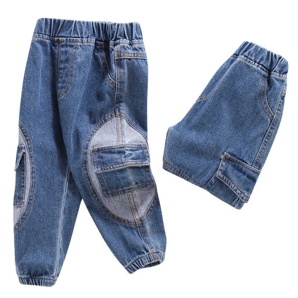 

kids boy jeans patchwork for girls pockets baby casual style clothes spring autumn 210528, Blue