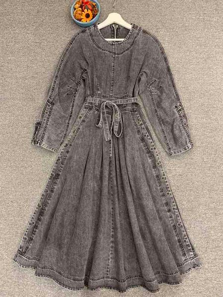 

casual dresses autumn/winter women's dress dyed denim round neck long sleeve tie small fresh retro zi8x, Black;gray