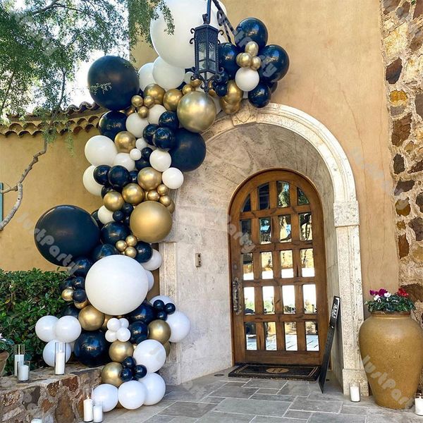 

diy wedding decoration navy blue balloons garland arch chrome gold confetti white sage green party balloon gender reveal decor