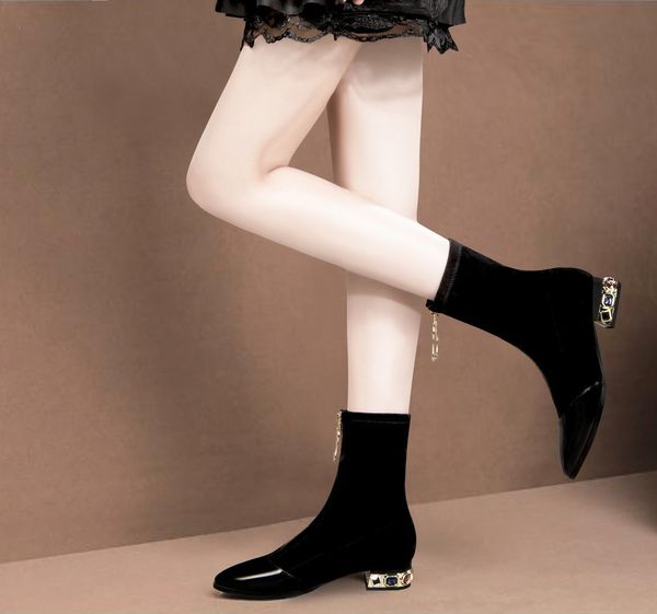 

front zipper thin women's 2021 autumn winter fashion short middle tube half boots thick heel elastic, Black