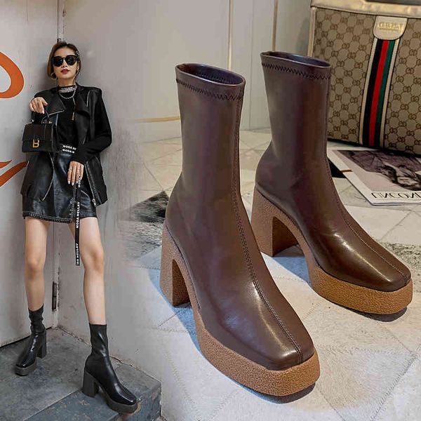 

boots punk microfibre leather elasticity ankle boots woman gliding-on robust high heels platform short fall party shoes 7k0y, Black