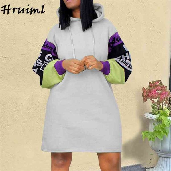 

long sleeve woman dress autumn winter casual loose ladies mini print hooded sweatshirts fashion streetwear 210513, Black;gray