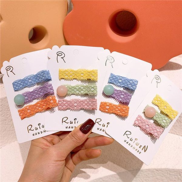 

early spring color children hairpins fabric lace baby button card broken hair clips for girls fashion accessories, Slivery;white