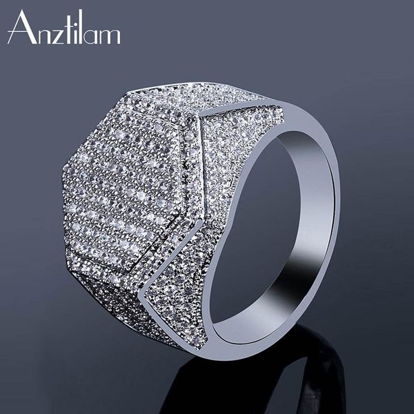 

cluster rings az hexagon gold color iced out ring micro paved big zircon shiny hip hop finger for men women jewelry gift, Golden;silver
