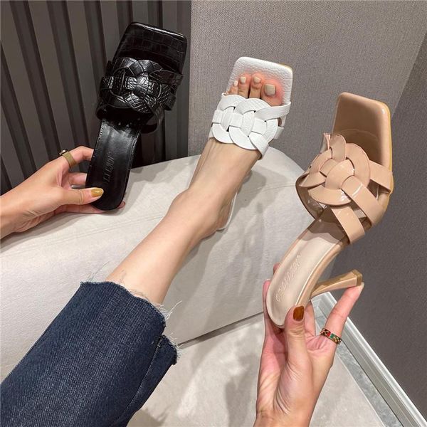 

sandals summer fashion 2021 woven square toe stiletto women, Black