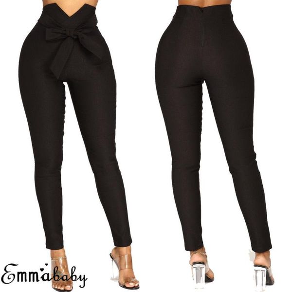 

women's pants & capris women slim skinny high waist belted pencil trousers casual drawstring elastic long, Black;white