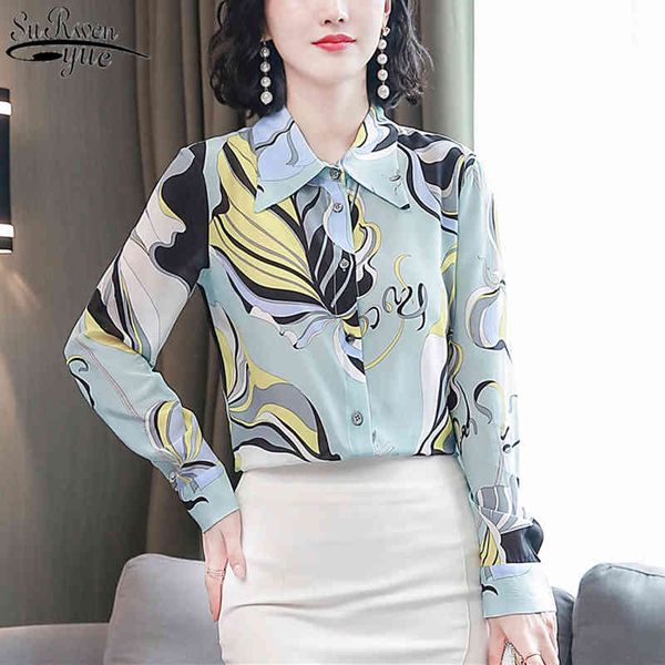 

single-breasted floral long sleeve plus shirts 3xl silk printed blue wild female autumn woman's 10721 210508, White
