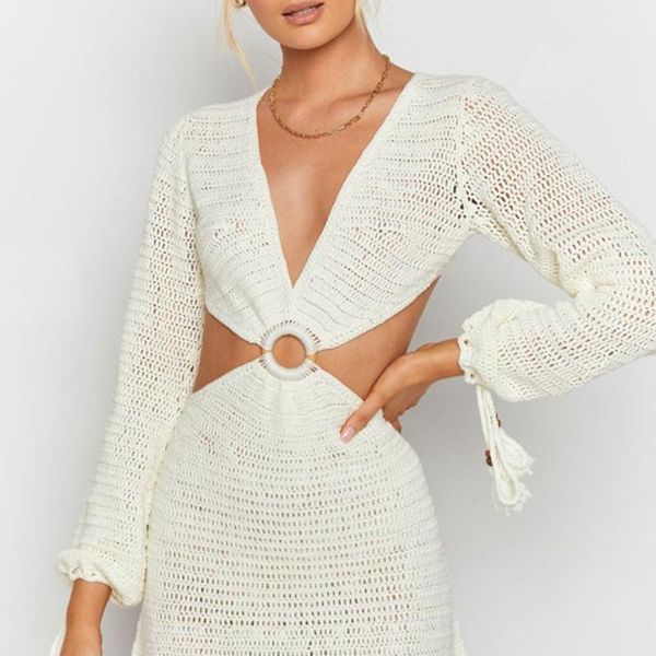 

casual dresses white bodycon dress 2021 women backless long sleeve bandage ring hollow out knit beach mini for party, Black;gray
