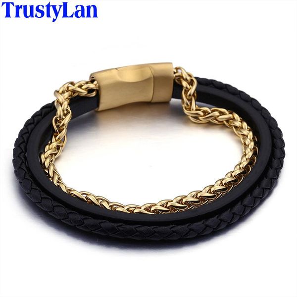 

tennis trustylan gold color stainless steel leather bracelet men three layer mens wrap bracelets biker jewelry accessories, Golden;silver