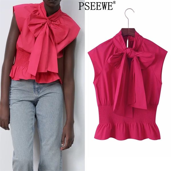 

fuchsia bow poplin crop women summer ruffle sleeveless chic woman blouse elastic hem streetwear female 210519, White