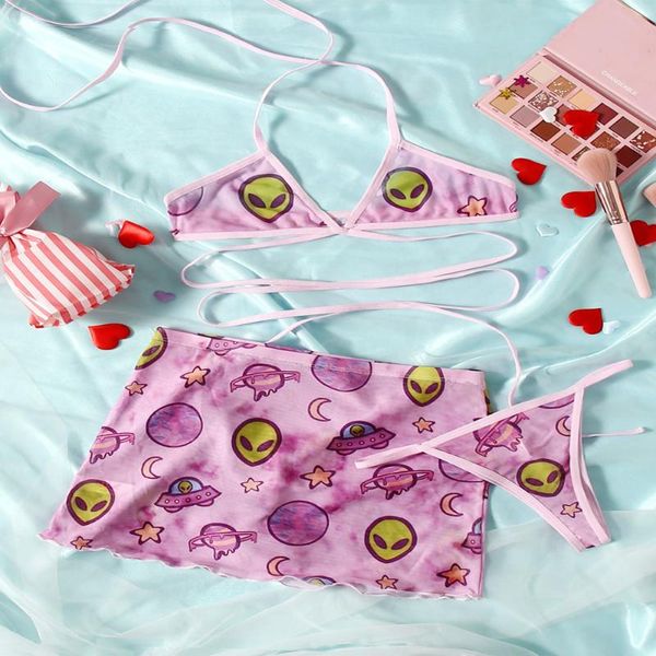 

women's swimwear swimsuits ladies micro suit bikini brazilian set bandage alien print pink low waist mini women three pieces, White;black