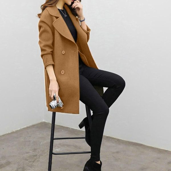 

women's wool & blends women autumn winter solid color lapel double-breasted casual fits cardigan long sleeve warm slim coat drop, Black