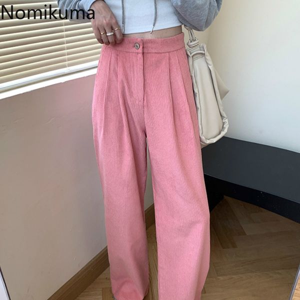

nomikuma corduroy full length pants women fashion high waist straight loose wide leg trousers casual all-match pantalones 210514, Black;white