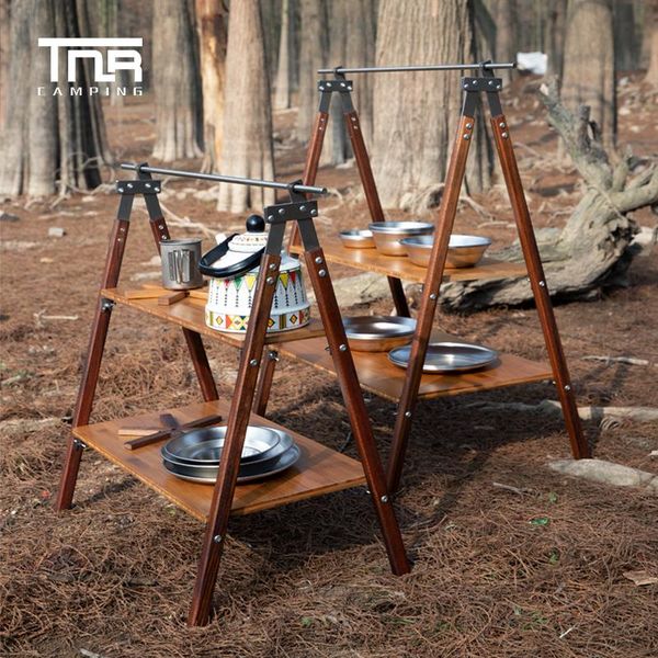 Camp Furniture TNR Outdoor Camping Picnic Scaffalature pieghevoli Scaffale pieghevole portatile in legno a 2 strati