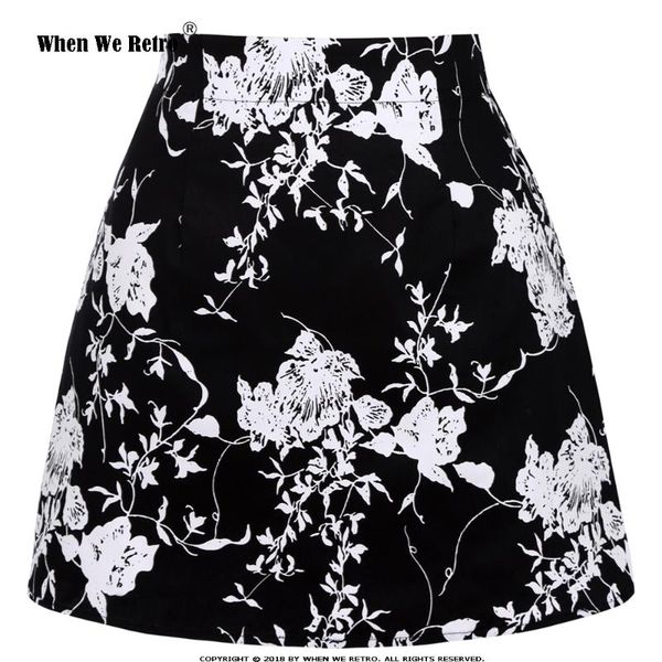 

black mini skirt ss0008 2021 summer with white floral print vintage cotton high waist skirts womens