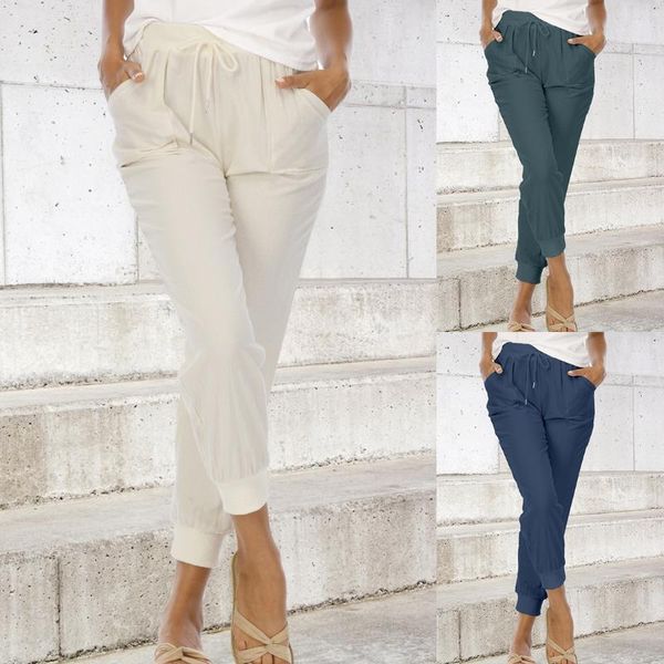 

women's tapered pants linen drawstring back elastic waist trousers with pockets 2021 & capris, Black;white