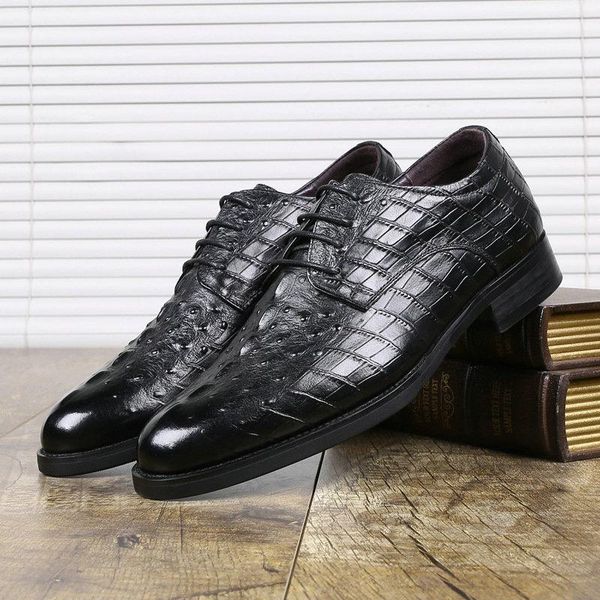 

dress shoes men casual crocodile pattern genuine leather business formal flats plus size, Black