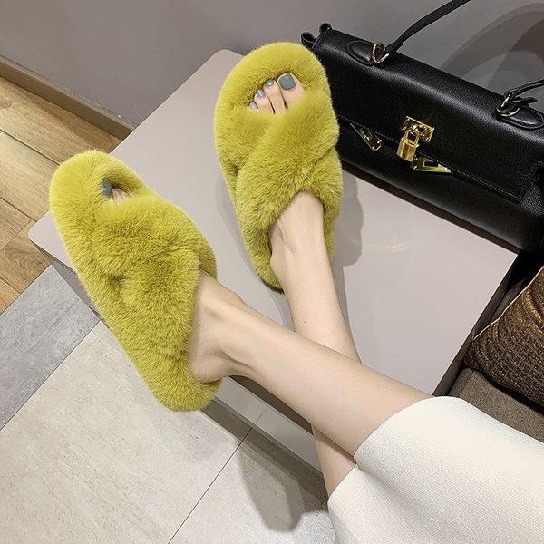 

slippers women fashion warm fluffy cozy faux fur cross indoor floor slides flat soft furry ladies flip flops house, Black