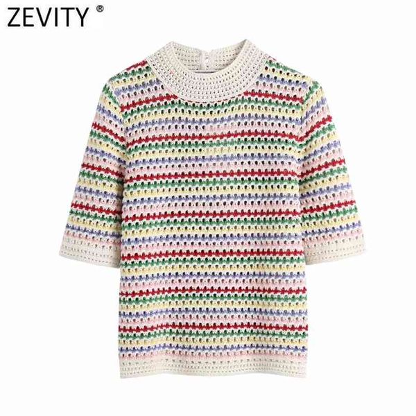 Zevity Mulheres Suportes Collar Rainbow Listrado Jacquard Casual Jacquard Sweater Feminino Chique Chic Manga Curta Pullovers Hollow Tops SW804 210806