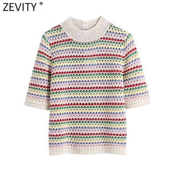 Zevity Frauen Stehen Kragen Regenbogen Gestreiften Casual Jacquard Stricken Pullover Weibliche Chic Kurzarm Pullover Hohl Tops SW804 210806