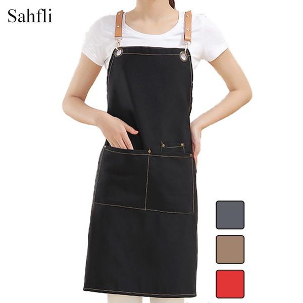 

aprons korean style pure color simple and fashionable home tooling canvas halterneck design sleeveless apron with big pocket household