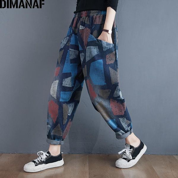 

plus size women jeans pants autumn winter denim harem fashion print elastic waist oversize trousers streetwear women's & capris, Black;white