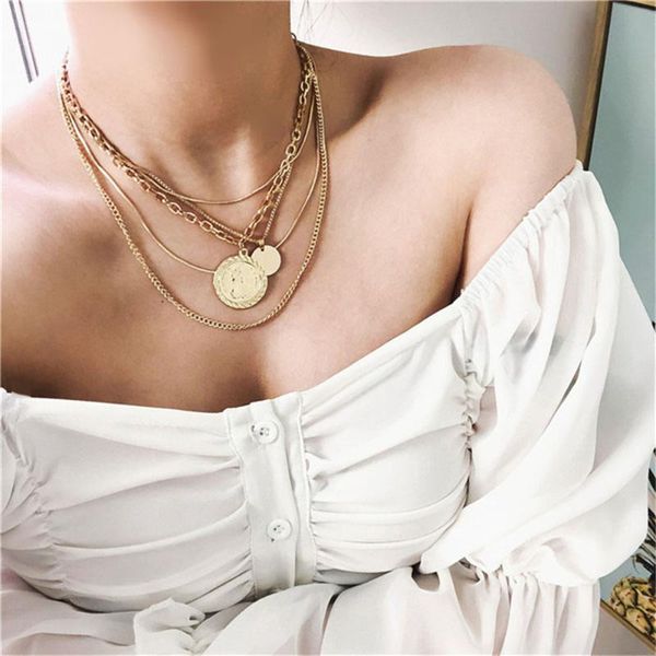 

pendant necklaces boho fashion round sequin head coin necklace for women female multilevel geometric gold silver color chain jewelry gift