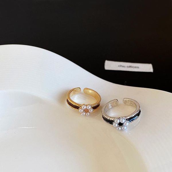 

wedding rings french retro enamel simulated pearl flower for women minimalist gold silver color alloy adjustable open charm ring jewelry, Slivery;golden