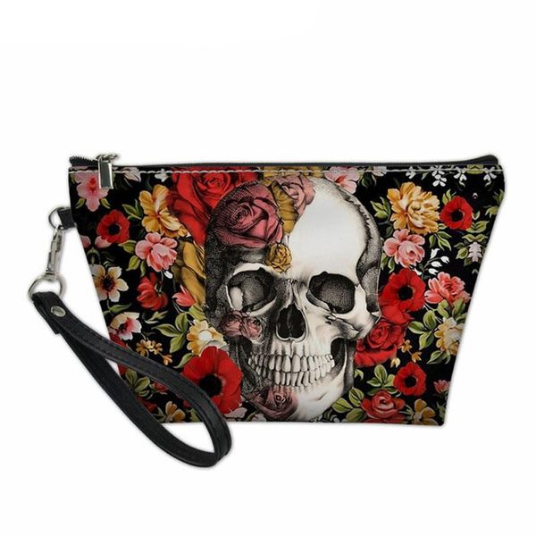 

cool skull flower style cosmetic bag women makeup bags travel organizer neceser beauty case leather waterproof toiletry & cases