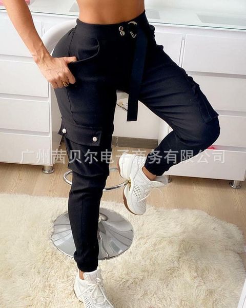 

cargo pants women sweatpants kalenmos casual solid high waist joggers lace-up tracksuit streetwear women's & capris, Black;white