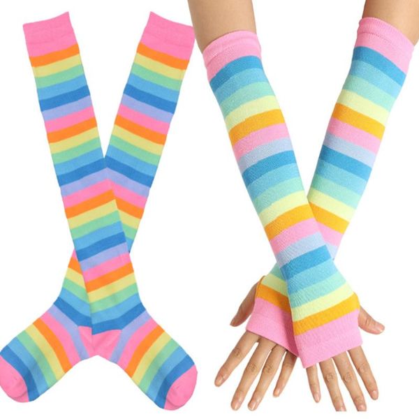 

party elastic striped casual cosplay rainbow women stockings set fashion anti slip over knee slim cotton blend long gloves soft five fingers, Blue;gray
