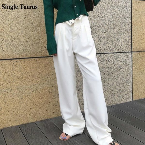 

folding design long length womans pants fashion streetwear loose wide leg pant casual high waist mopping trousers women women's & capri, Black;white